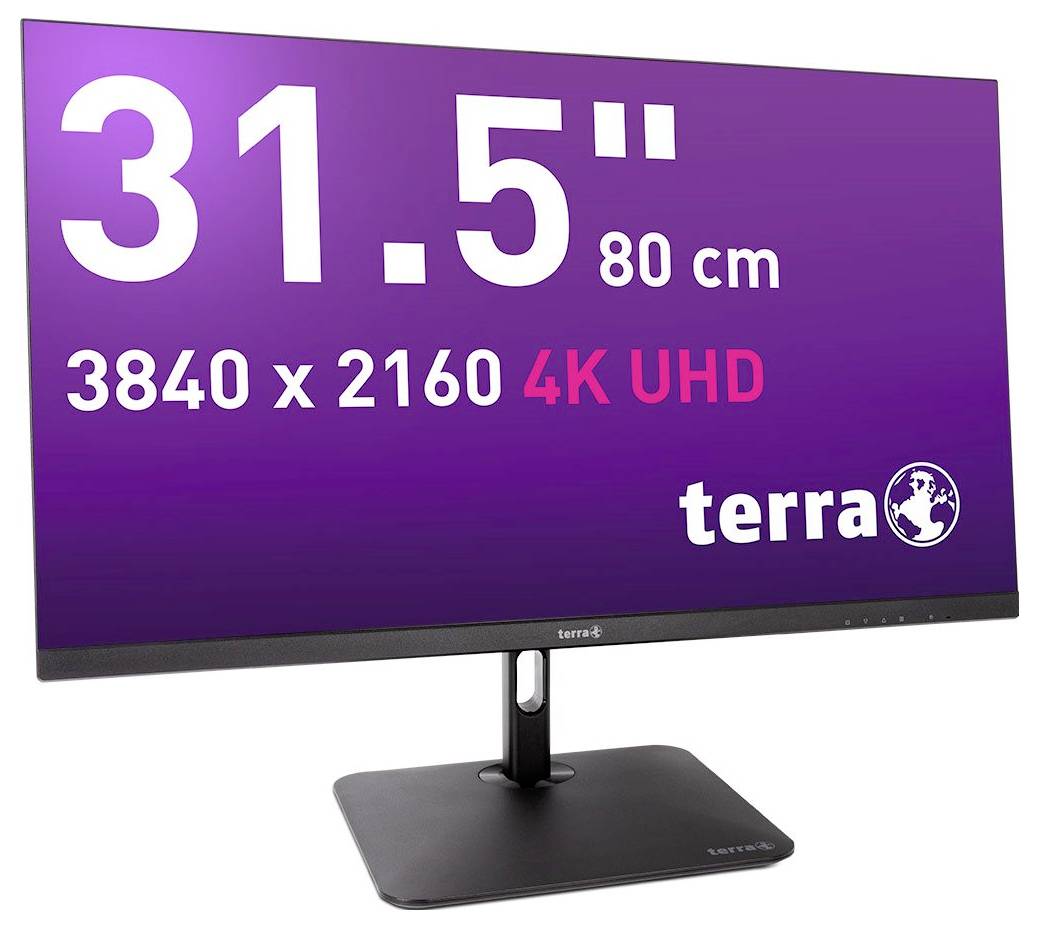 Monitor o rozmiarze 31,5 cala (80 cm) z rozdzielczością 3840 x 2160 4K UHD. Nazwa marki 'terra' w dolnym prawym rogu ekranu.