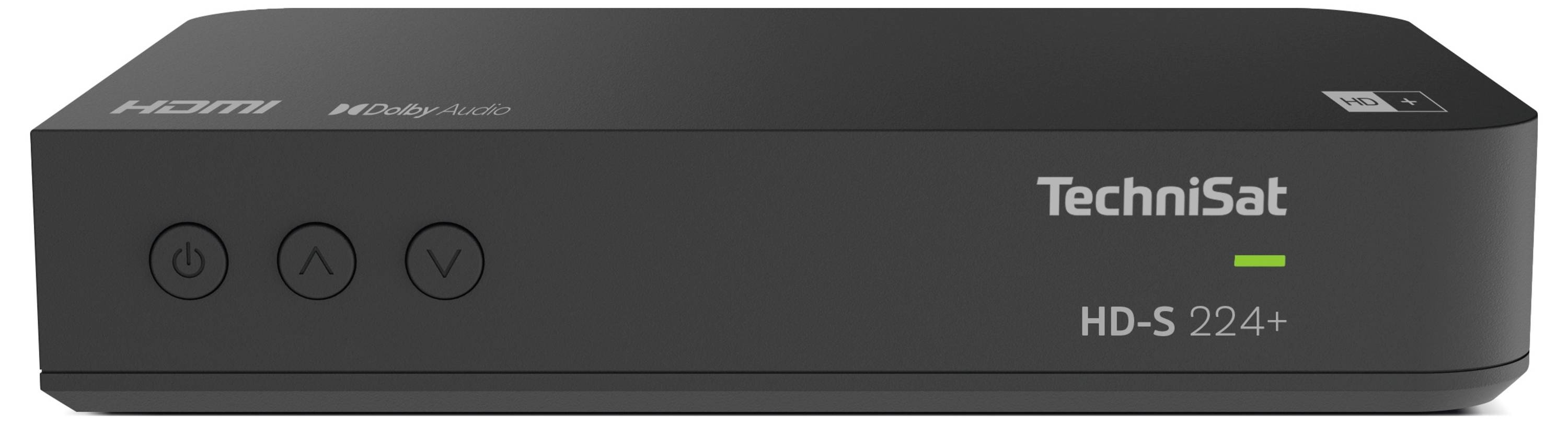 Odbiornik TechniSat HD-S 224+ z wejściem HDMI, trzema okrągłymi przyciskami i świecącym wskaźnikiem statusu.