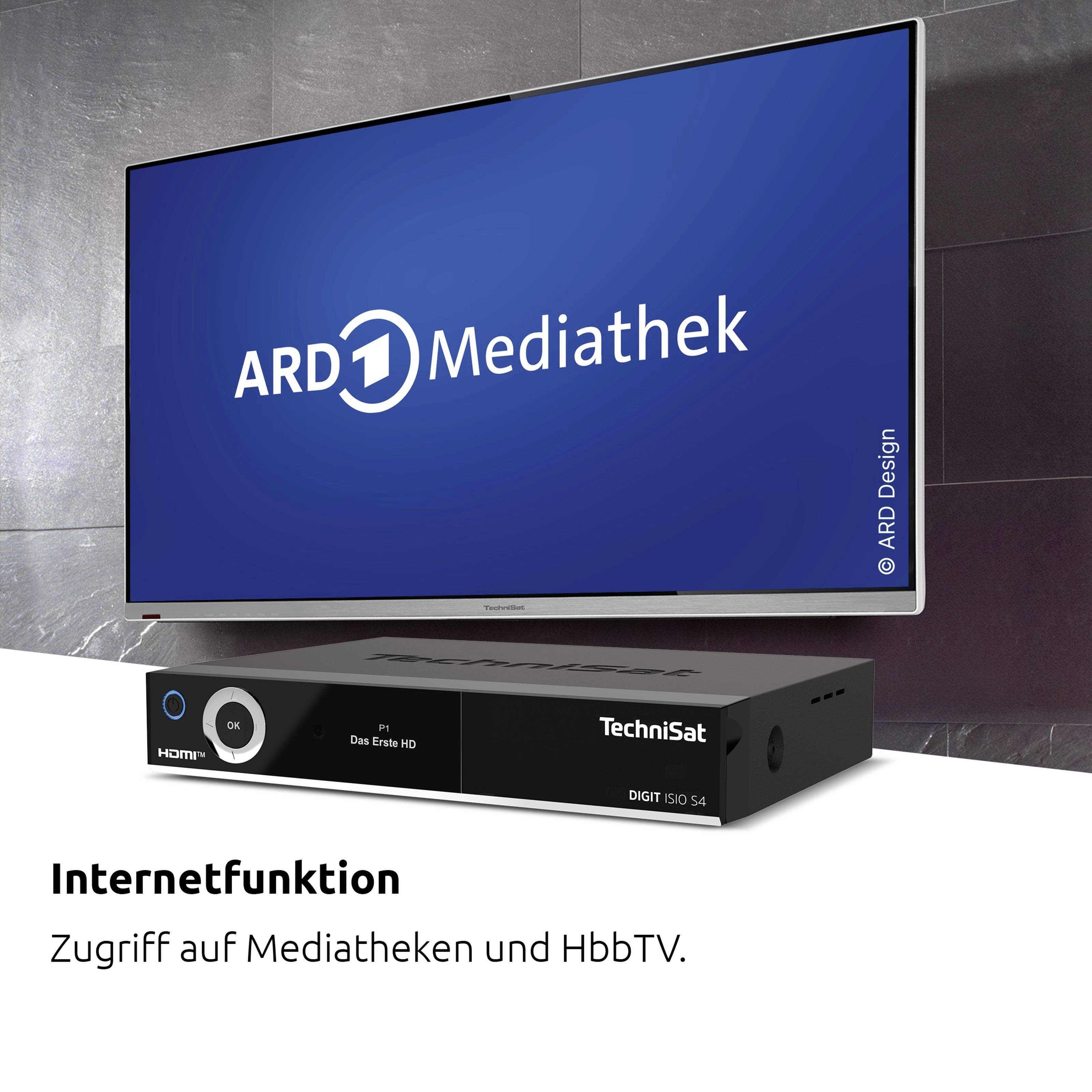 Obraz przedstawia telewizor z wyświetlaczem 'ARD Mediathek' oraz dekoder cyfrowy poniżej. Tekst: 'Funkcja internetowa: dostęp do serwisów medialnych i HbbTV.'