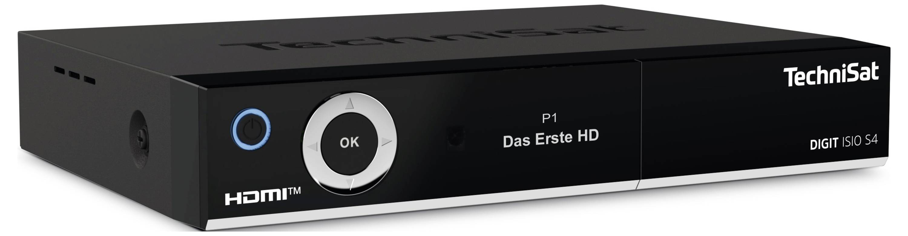 Czarny cyfrowy odbiornik satelitarny firmy TechniSat, model DIGIT ISIO S4, z złączem HDMI i wyświetlaczem 'Das Erste HD'.