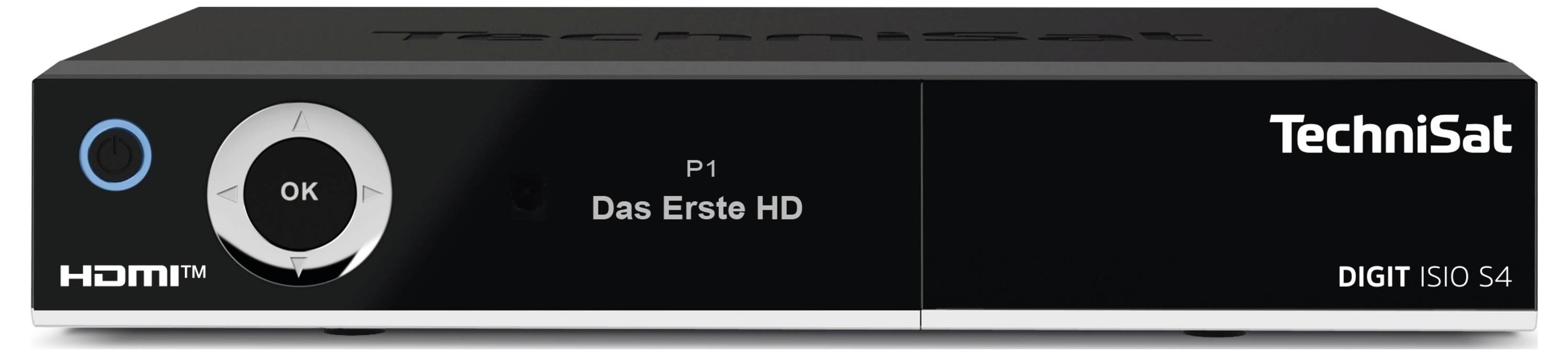 TechniSat Digit ISIO S4 Odbiornik wyświetla 'Das Erste HD' na wyświetlaczu, czarna, prostokątna forma, logo HDMI w lewym dolnym rogu.