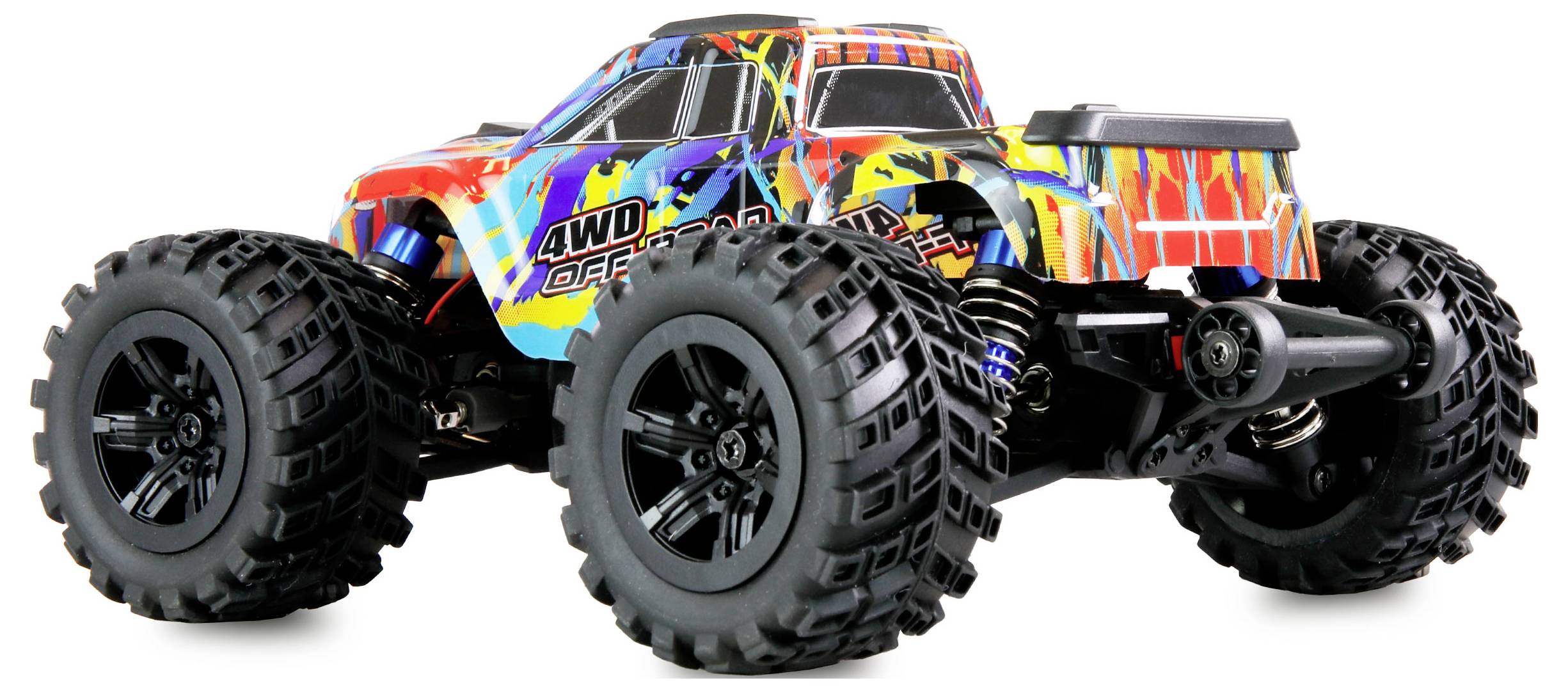 Kolorowy zdalnie sterowany pojazd terenowy z dużymi, wytrzymałymi oponami, idealny do przygód na świeżym powietrzu i jazdy w trudnym terenie.