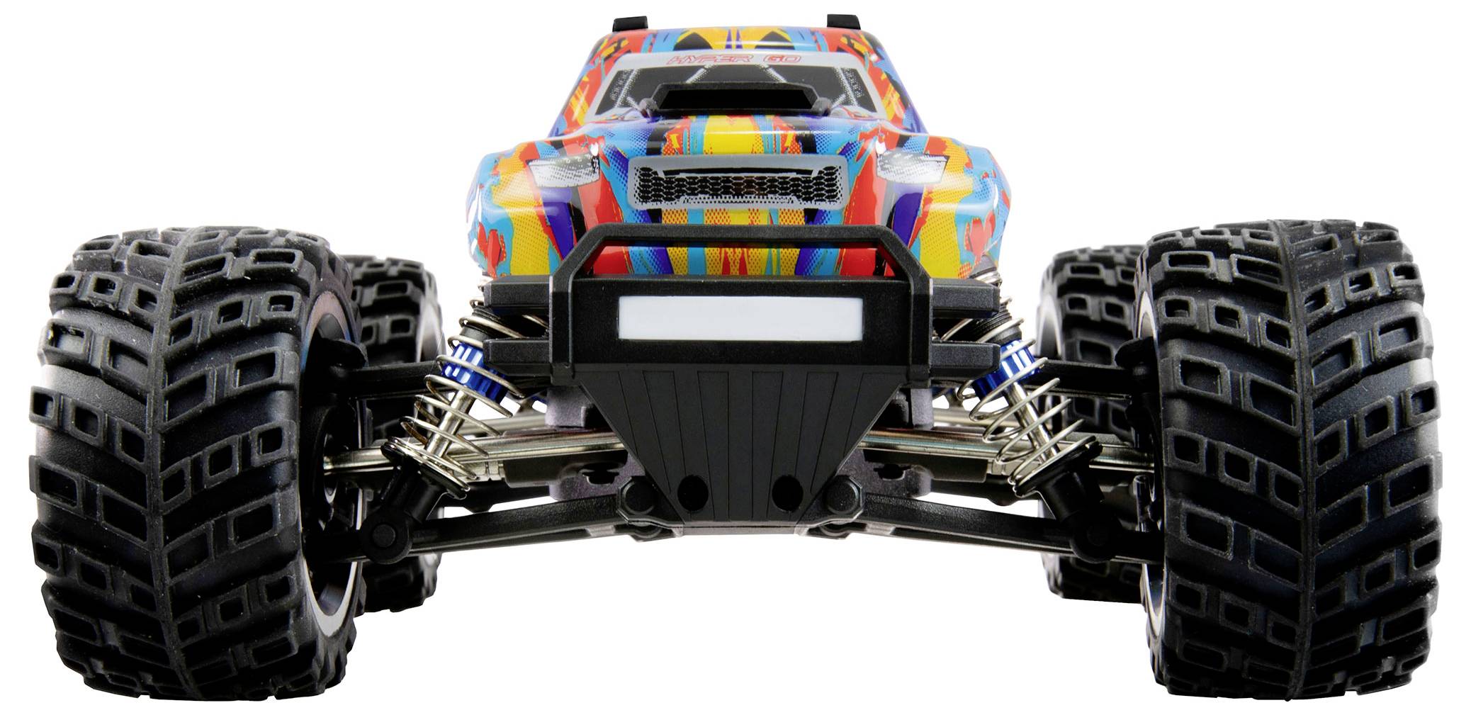 Zdalnie sterowany samochód z kolorowym wzorem i dużymi, grubierowymi oponami, widok z przodu.