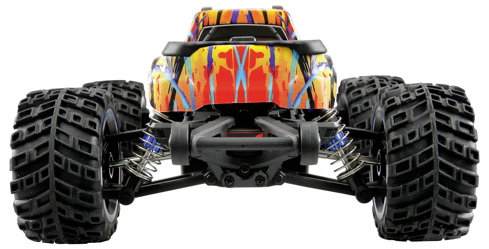 Zdalnie sterowany samochód z dużymi kołami i kolorowym, prążkowanym wzorem, który wygląda na potężny i solidny.