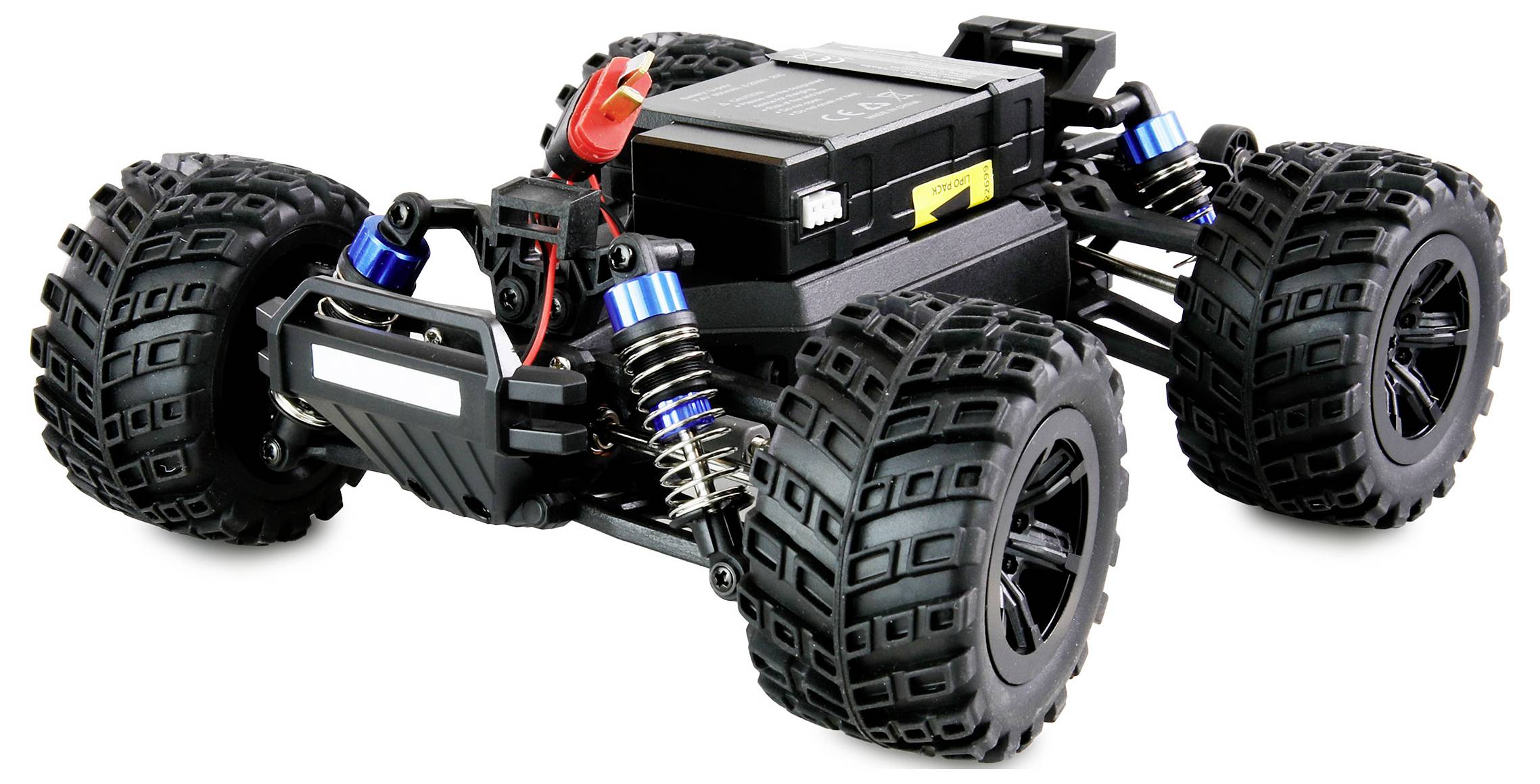 Zdalnie sterowany samochód z czterema dużymi, głęboko bieżnikowanymi oponami i widocznymi amortyzatorami. Posiada wytrzymałą, czarną karoserię.