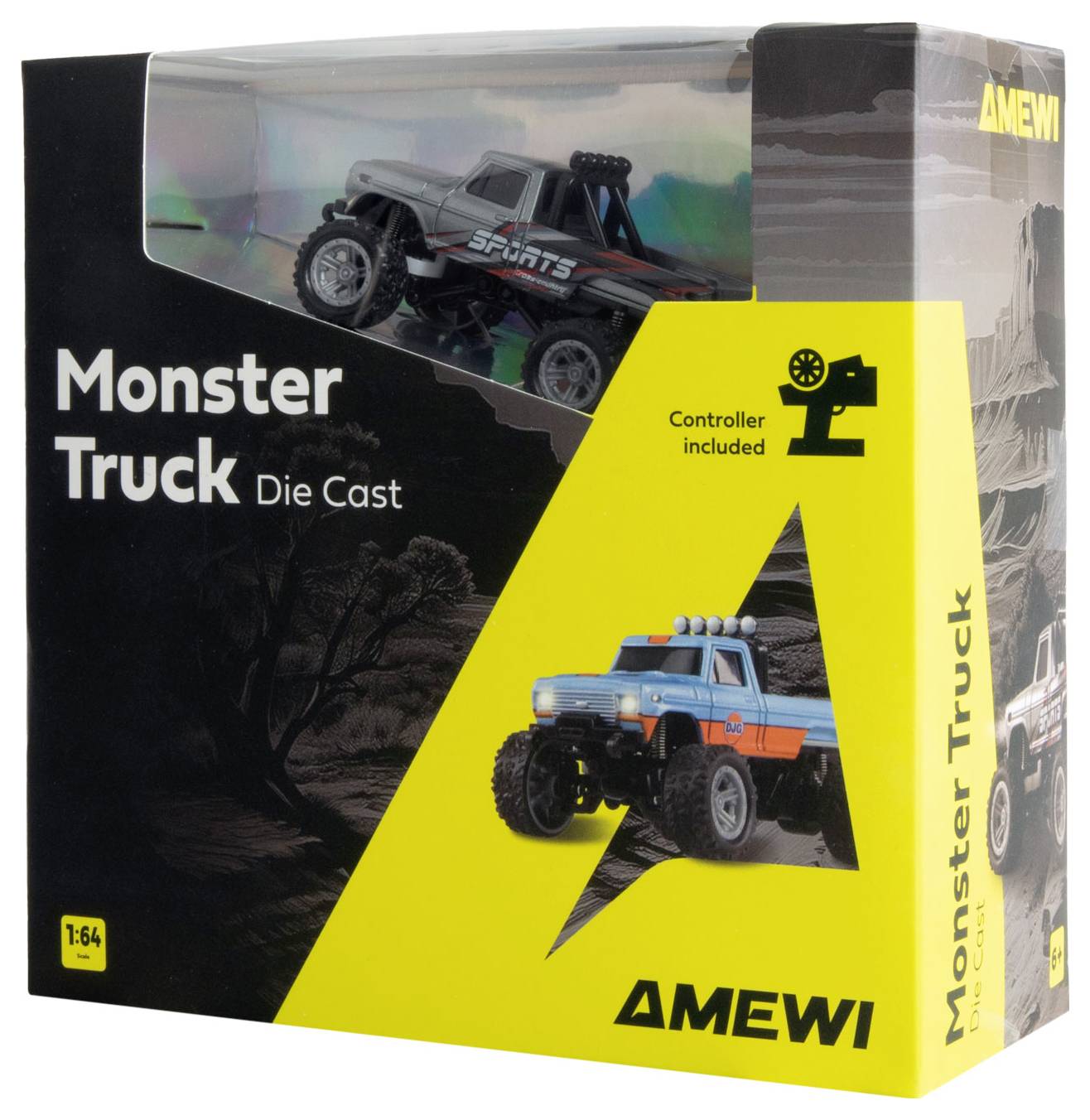 Opakowanie zabawki przedstawia zdalnie sterowany monster truck w skali 1:64. Napis 'Monster Truck' jest wyróżniony.
