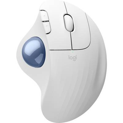 Biała ergonomiczna mysz trackball z niebieską kulką i dwoma przyciskami na górze.