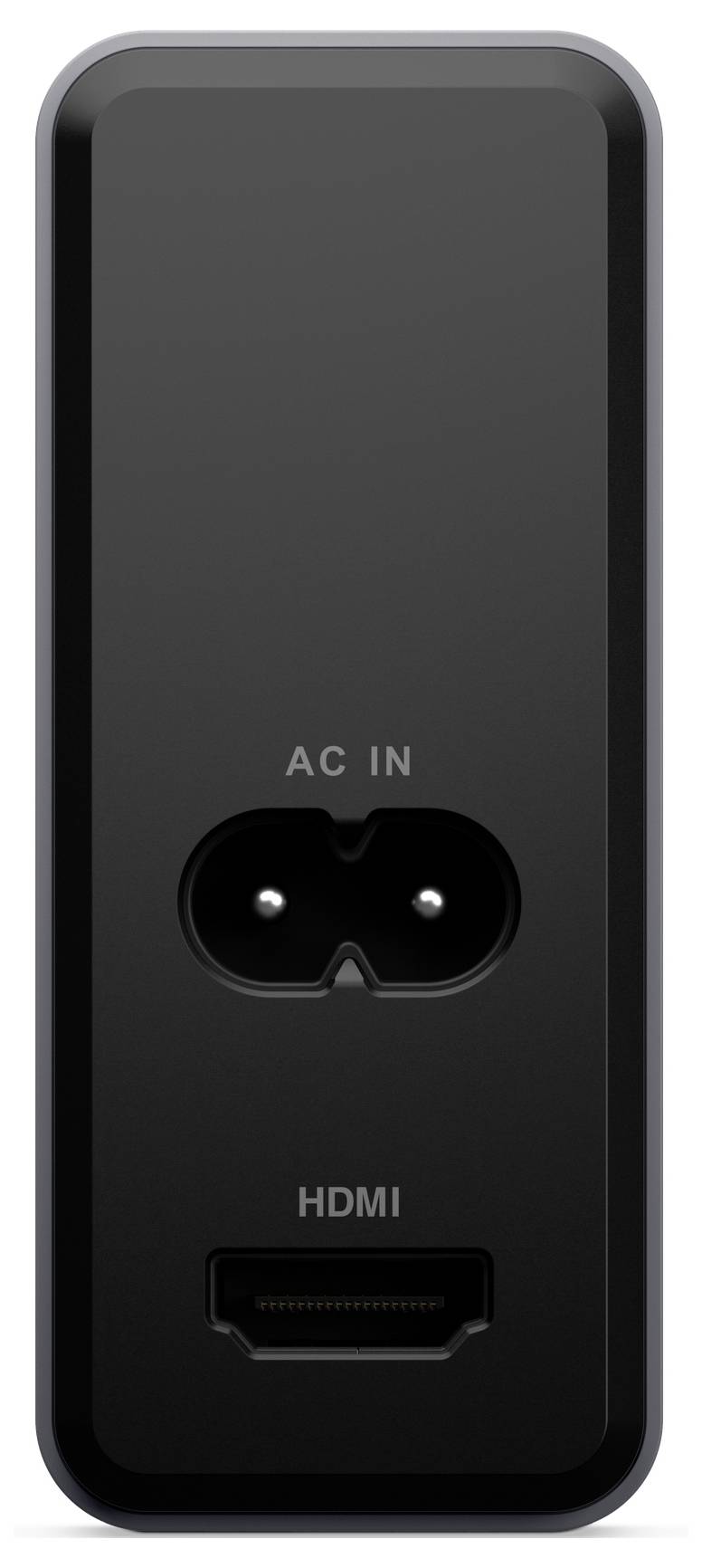 Czarne urządzenie elektroniczne z wejściem zasilania AC na górze i złączem HDMI na dole.