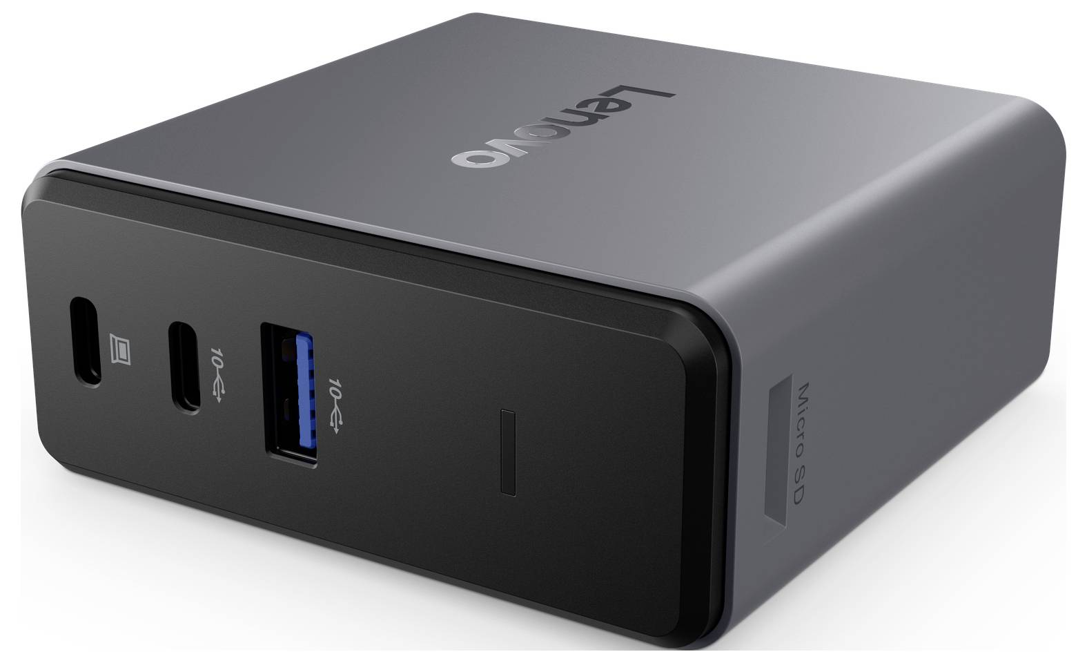 Kompaktowy adapter Lenovo z wieloma portami, w tym USB-C i USB-A, w nowoczesnej, ciemnoszarej obudowie.