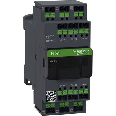 Elektryczne urządzenie łączeniowe firmy Schneider Electric, model TeSys CAD50A GD 125V DC, wyposażone w wielokrotne zaciski przyłączeniowe oraz kod QR.