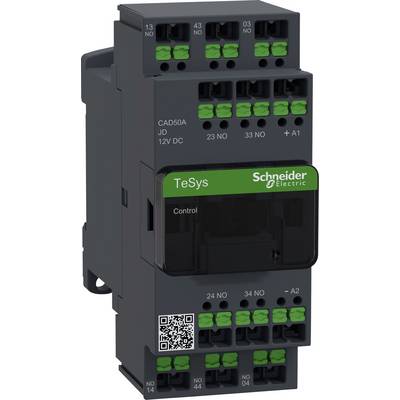'Schneider Electric TeSys CAD50A, 12V DC, 4-biegunowy stycznik z zielonymi zaciskami i kodem QR, widok z przodu.'