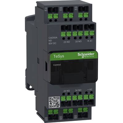 Moduł elektroniczny opisany napisem 'TeSys Schneider Electric'. Zawiera kilka zielonych złączek i kod QR.
