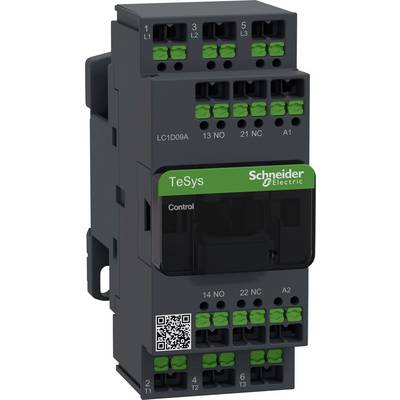 Czarny stycznik Schneider Electric TeSys z zielonym oznakowaniem i wieloma zaciskami przyłączeniowymi, przeznaczony do zastosowań sterowniczych.