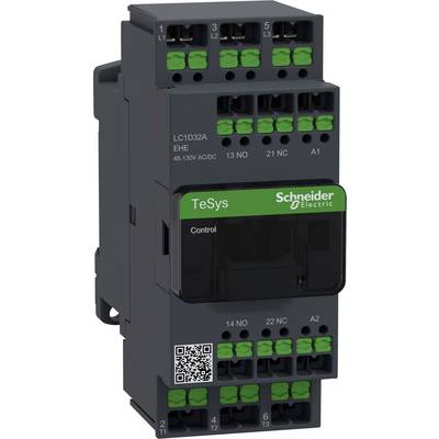 Czarny i zielony stycznik Schneider Electric, model TeSys LC1D32A. Używany do przełączania urządzeń elektrycznych.