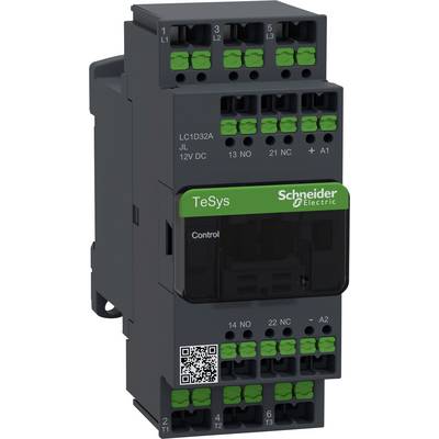 Elektroniczny łącznik schneiderowski z serii TeSys, z zielonymi zaciskami i kodem QR na przedniej powierzchni.