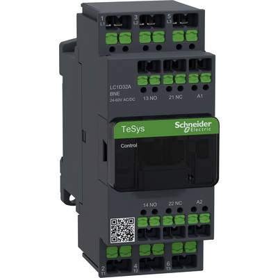 Styk Schneider Electric, model 'TeSys', typ LC1D32A BNE. Odpowiedni do sterowania do 32 A. Czarna obudowa z zielonymi zaciskami.