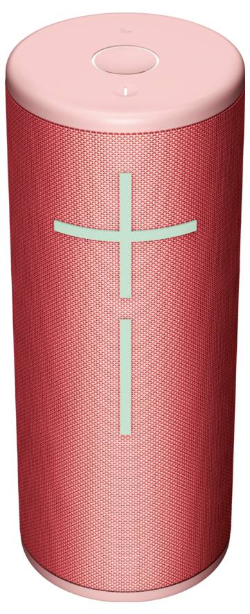 Czerwony, cylindryczny głośnik Bluetooth z dużym znakiem plus. Na górze okrągły przycisk, stylowy design dla mobilnego dźwięku.