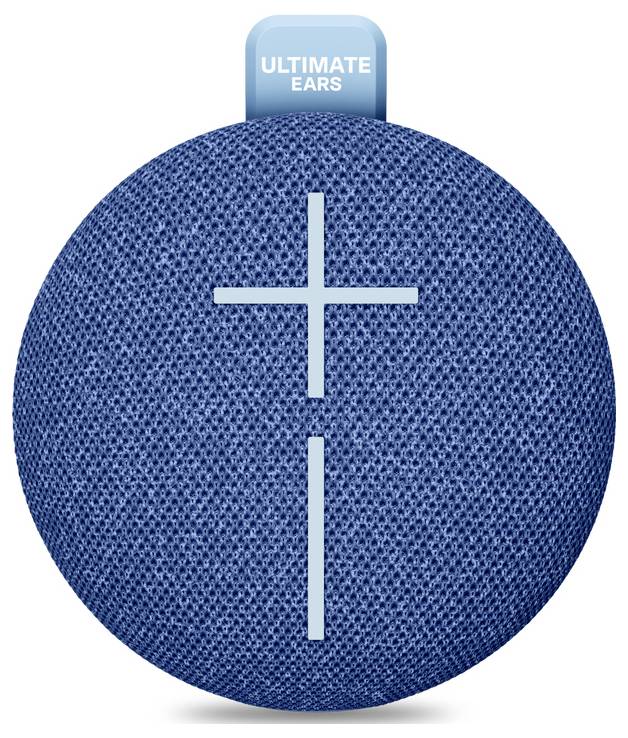 Niebieski, okrągły głośnik Bluetooth z symbolami '+' i '-' na przedniej stronie, nazwa marki 'ULTIMATE EARS' umieszczona u góry.