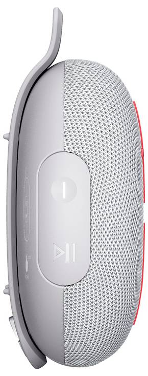 Urządzenie z okrągłym głośnikiem i przyciskami sterującymi po bokach, w tym regulacją głośności oraz przyciskami odtwarzania/pauzy.