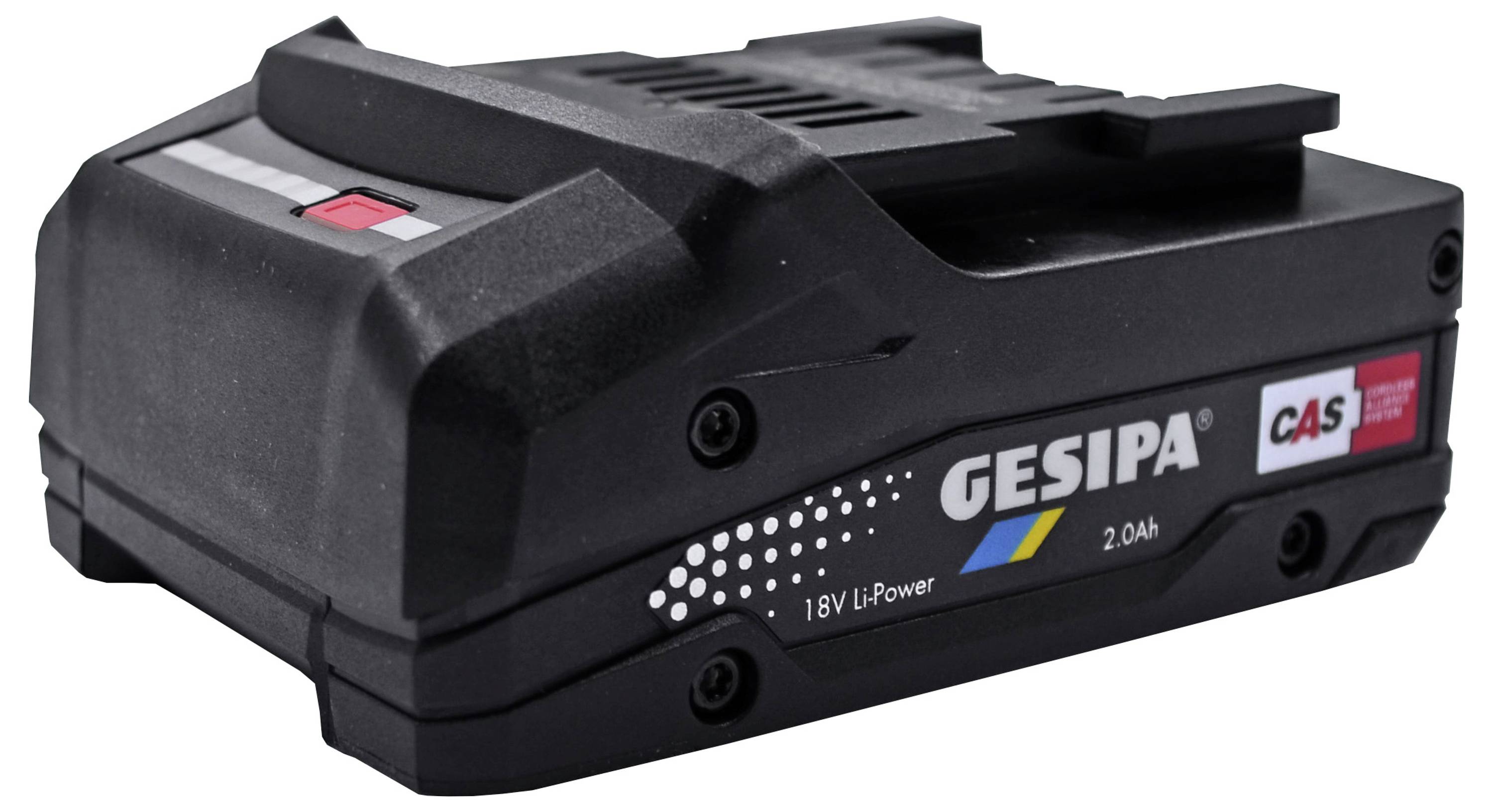 Czarny akumulator Gesipa 18V Li-Power 2.0Ah z czerwonym przyciskiem i oznakowaniem CAS, przeznaczony do elektronarzędzi bezprzewodowych.