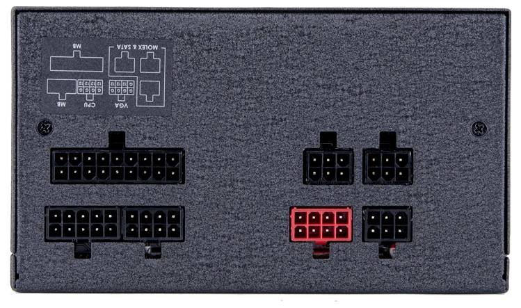 Złącza zasilania na czarnej obudowie z różnymi gniazdami do podłączenia kabli, oznaczone kolorami.