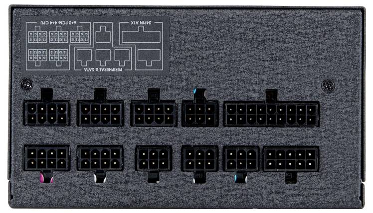 Widok z tyłu zasilacza komputerowego z kilkoma czarnymi gniazdami przyłączeniowymi. W lewym górnym rogu diagram z opisami.