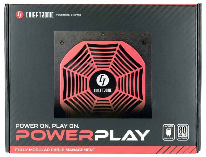 Chieftonic PowerPlay w pełni modułowy zasilacz do zarządzania kablami, certyfikat 80 Plus Platinum, czarna obudowa z czerwonym wzornictwem.