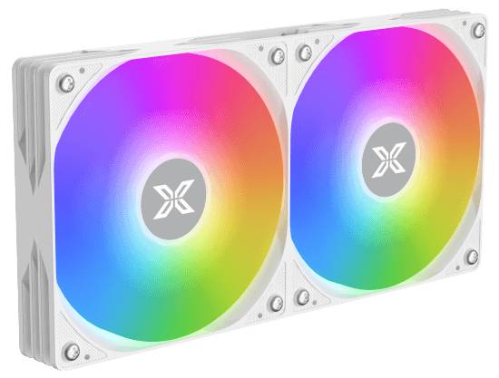 Dwa wentylatory komputerowe z podświetleniem RGB w kolorach tęczy, ułożone symetrycznie, zamontowane w białej obudowie.