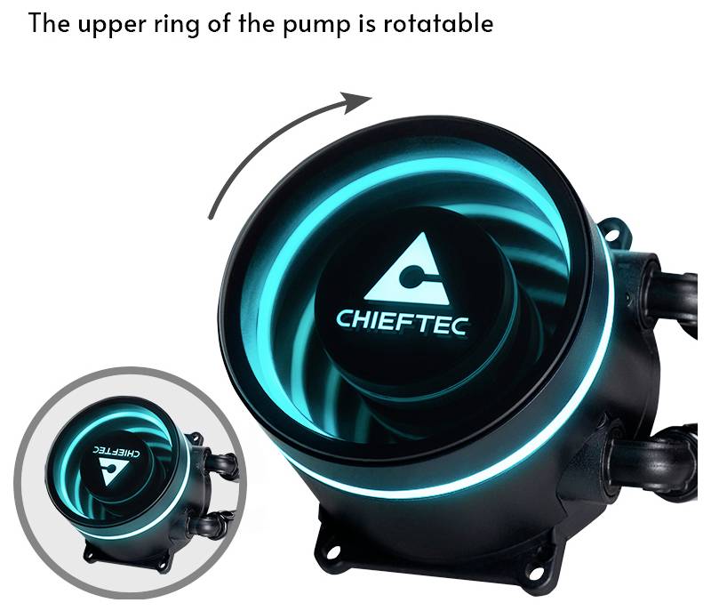"Górny pierścień pompy obrotowy" - wskazuje świecący, okrągły korpus pompy z logo Chieftec i niebieskim podświetleniem.