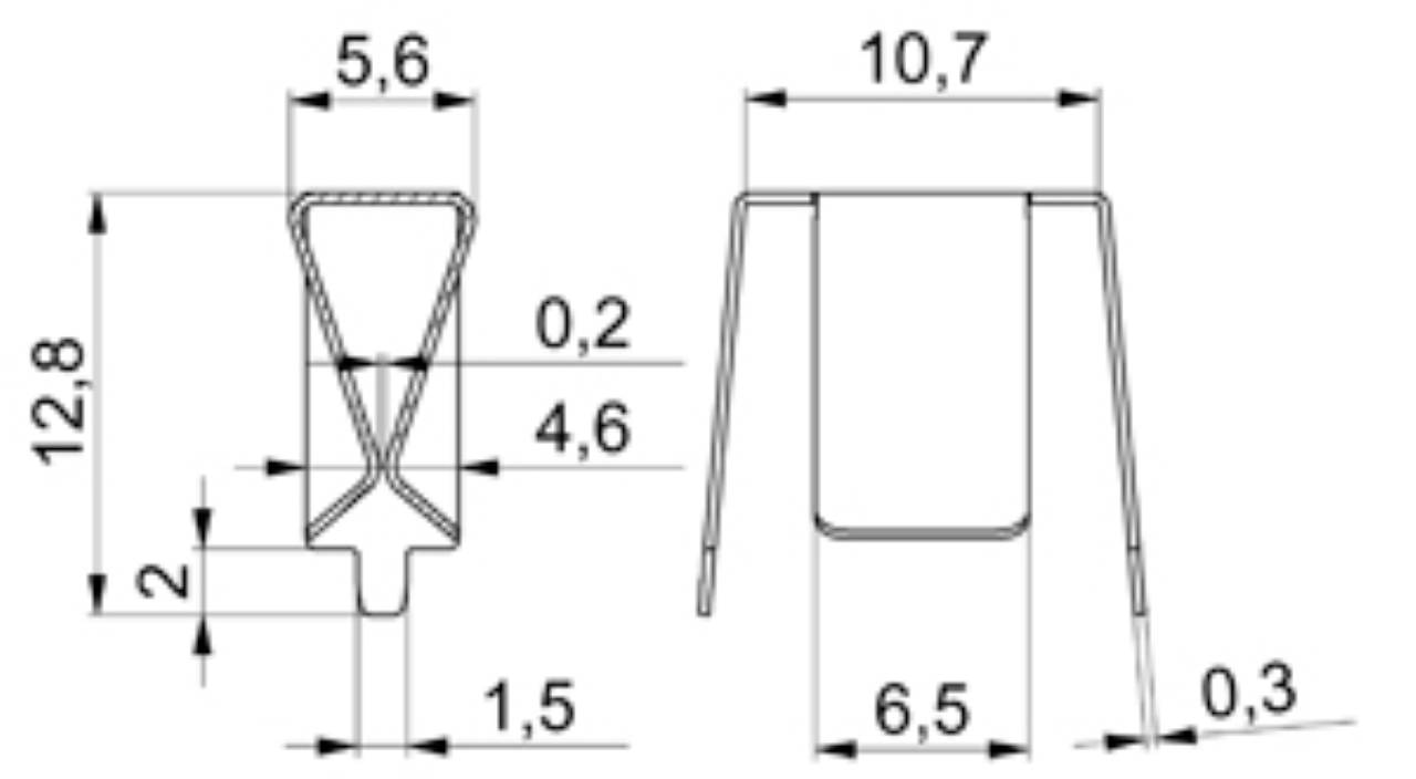 Rysunek techniczny elementu z wymiarami w milimetrach: wysokość 12,8, szerokość 10,7, głębokość 6,5. Zaznaczone krawędzie obwodowe i szczegółowe detale.
