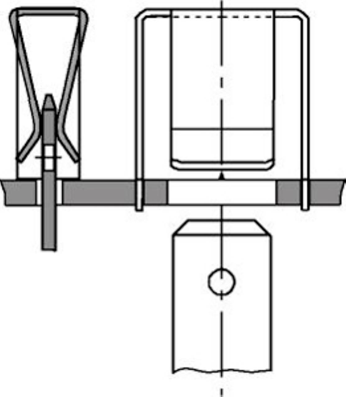 Rysunek techniczny urządzenia mocowanego do stołu, wyposażonego w dwie zaciski mocujące oraz centralny punkt zaciskowy.