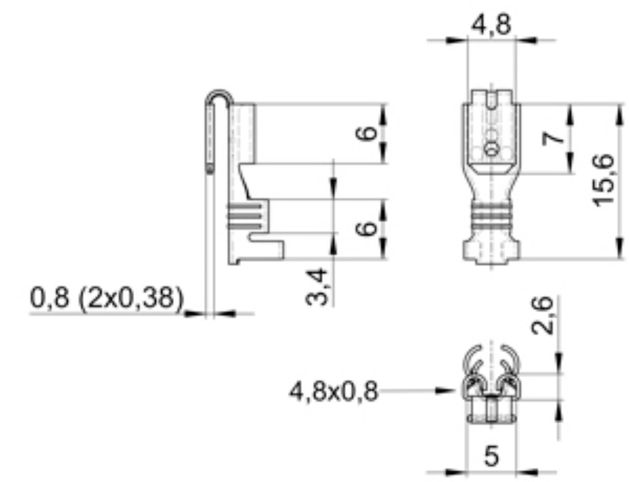 Rysunek techniczny złącza z wymiarami: szerokość 4,8 mm, wysokość 15,6 mm, zakres zacisku 4,8x0,8 mm, pozostałe wymiary podane.