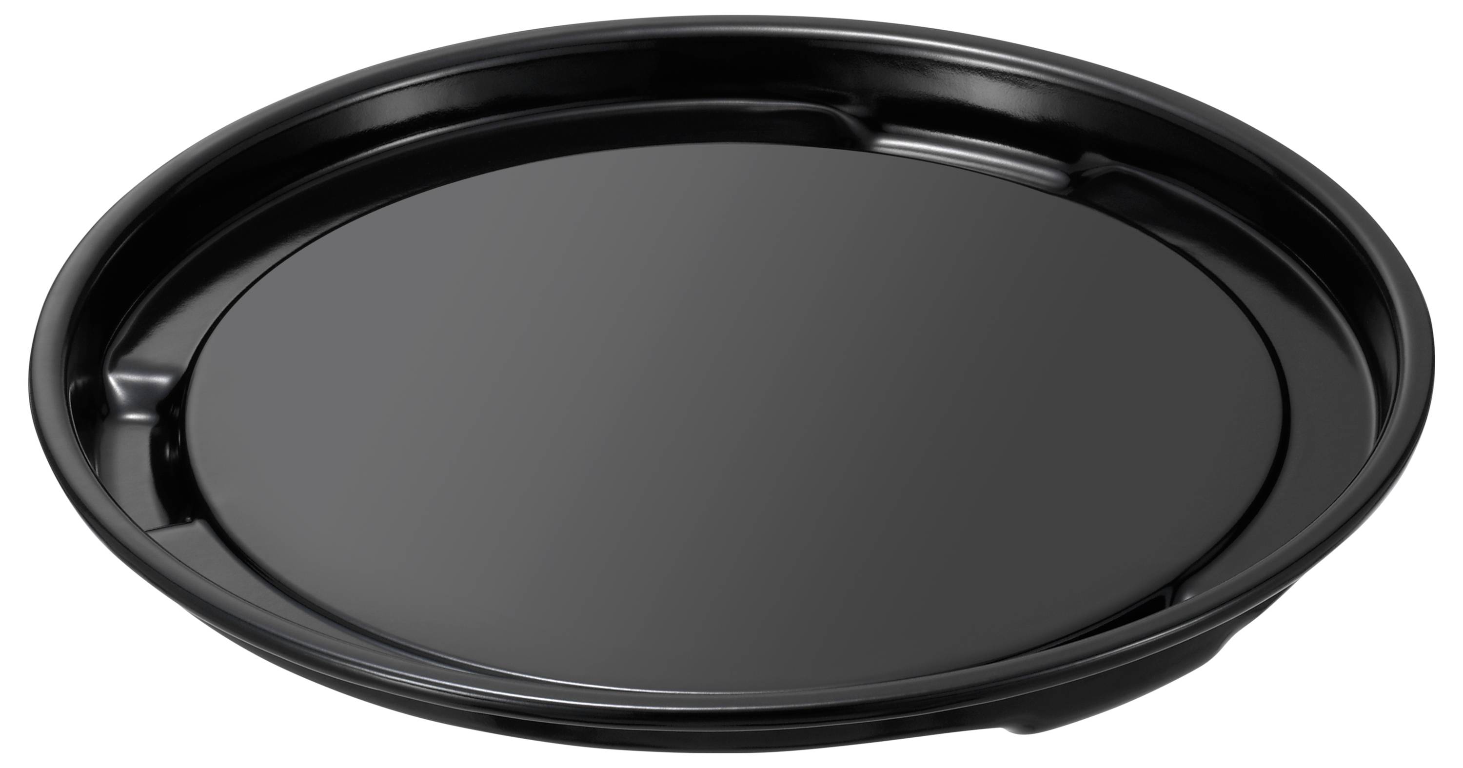 Czarna, okrągła taca z płaskim rantem, odpowiednia do serwowania lub transportowania przedmiotów.