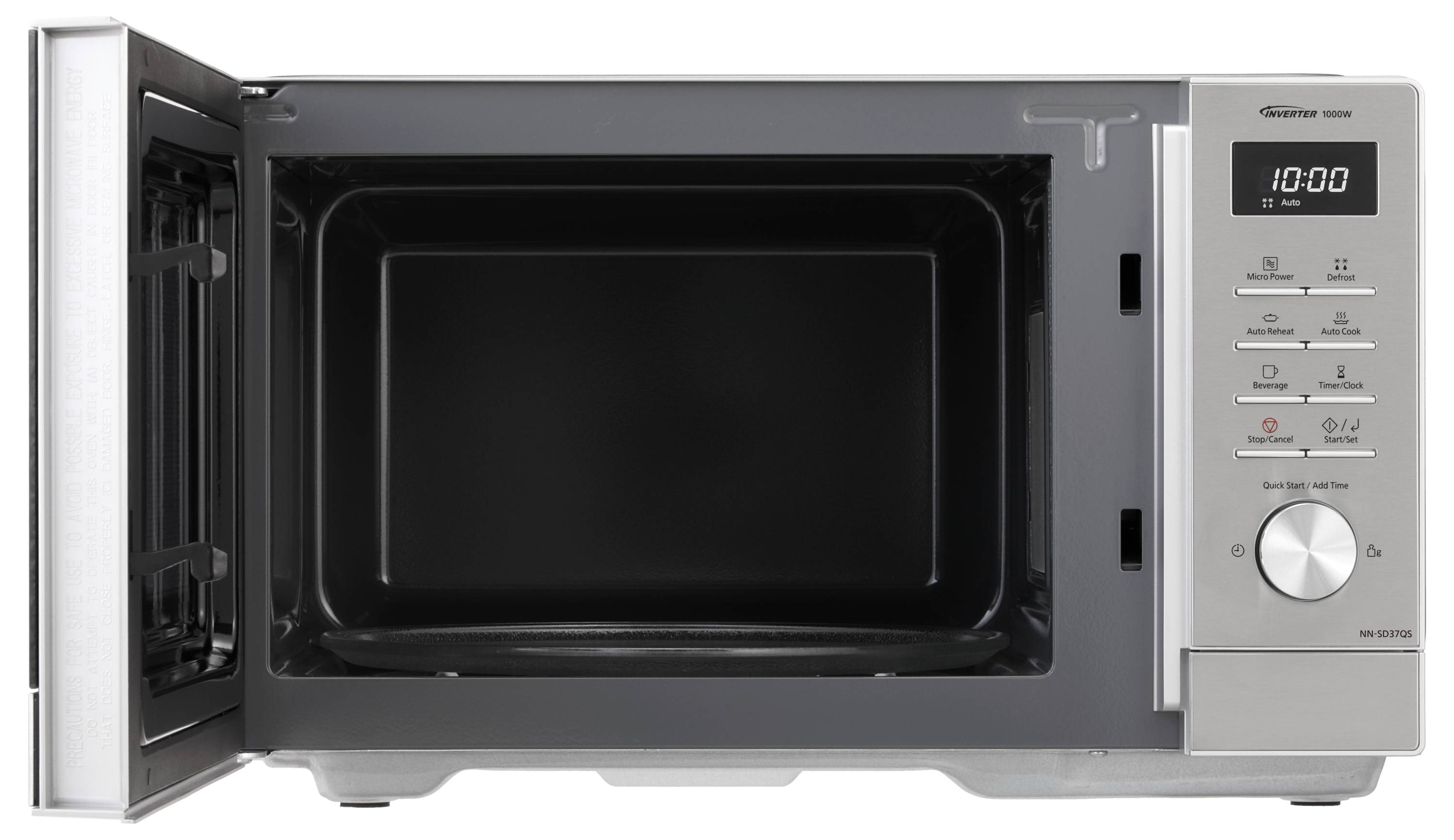 Mikrofalówka z otwartymi drzwiczkami, cyfrowym wyświetlaczem i przyciskami sterującymi po prawej stronie. Wyświetlacz wskazuje '10:00'.
