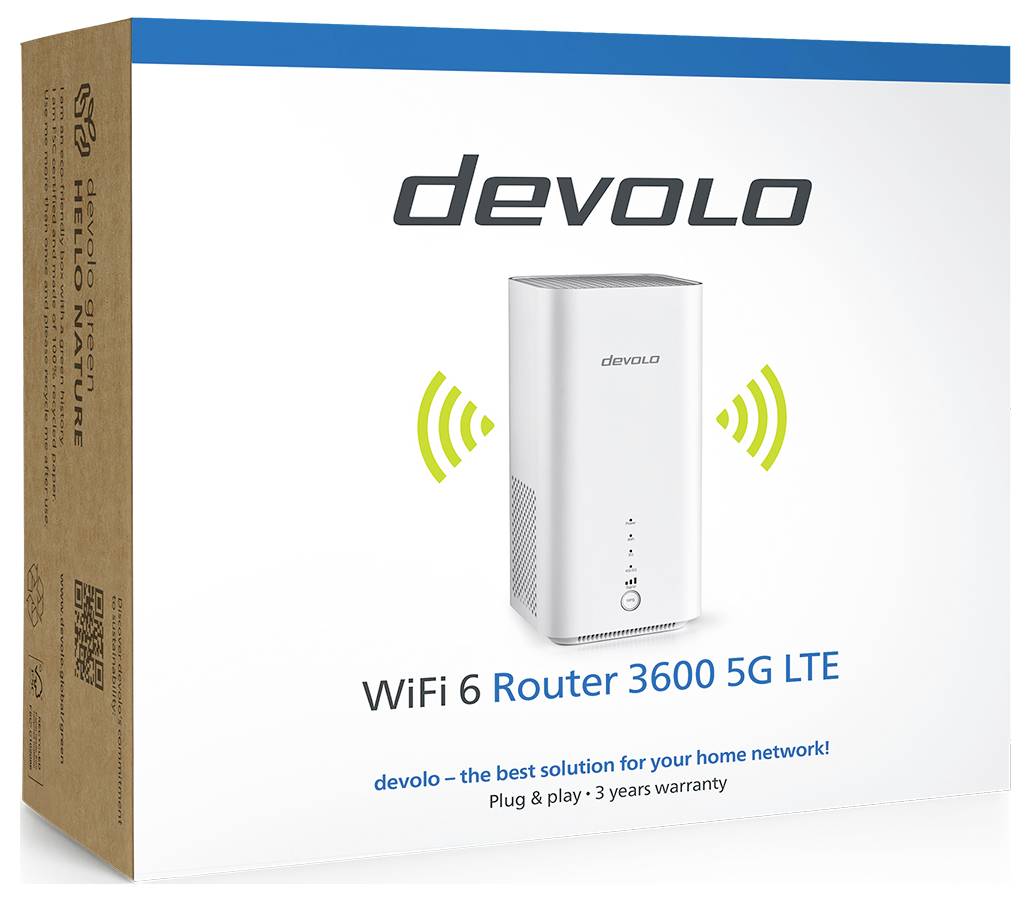Router WiFi 6 3600 5G LTE firmy devolo. Router jest przedstawiony na opakowaniu, reklamujący szybki internet bezprzewodowy i łatwą instalację.