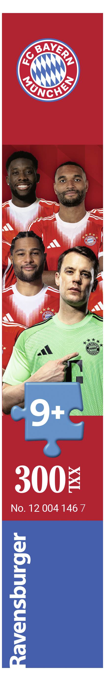 Pionowy baner z logo Bayernu Monachium; zdjęcia czterech piłkarzy w czerwonych i zielonych koszulkach; tekst: '9+', '300 PC', 'Ravensburger'.