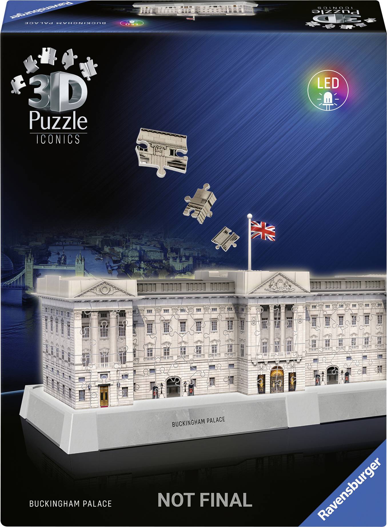 Trójwymiarowe puzzle 3D z motywem Pałacu Buckingham nocą. Zawiera funkcję podświetlenia LED. Pudełko prezentuje gotowy model.