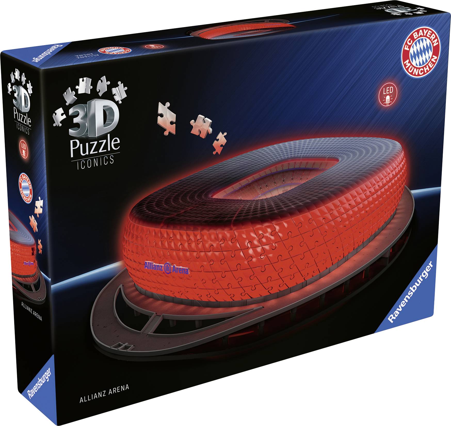 Puzzle 3D Ravensburger Allianz Arena przedstawiające stadion w czerwonym świetle. Opakowanie puzzli z logo FC Bayern Monachium.
