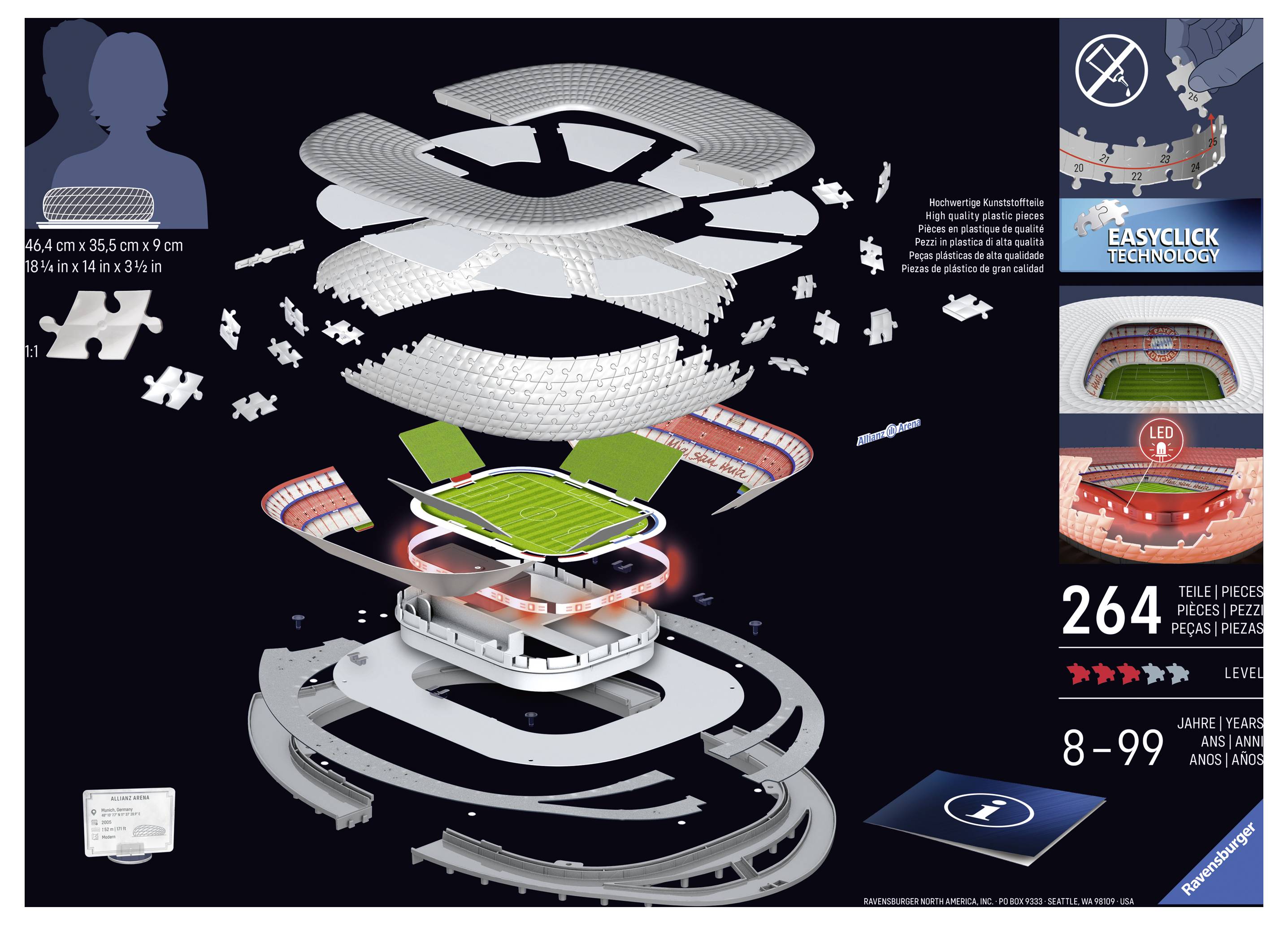 Rysunek rozstrzelony stadionu składający się z 264 elementów do złożenia. Odpowiedni dla osób w wieku 8-99 lat. Zawiera technologię 'EasyClick'.
