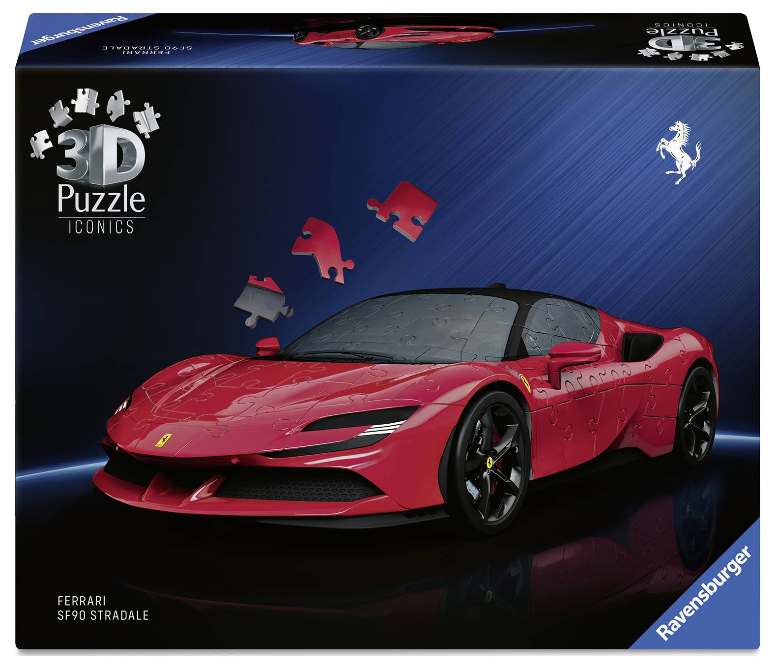 Trójwymiarowe puzzle firmy Ravensburger przedstawiające czerwonego Ferrari SF90 Stradale na opakowaniu, wyróżnione jako „Puzzle Iconics".