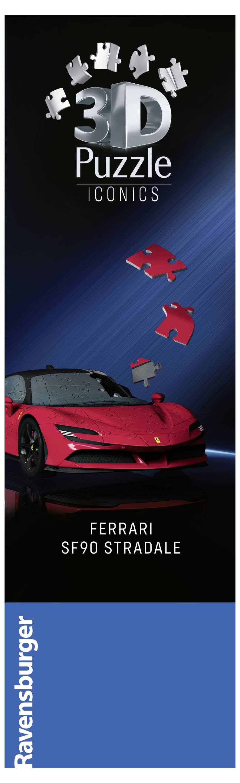 3D-puzzle Ravensburgera: 'Ferrari SF90 Stradale' w kolorze czerwonym z elementami puzzli powyżej.