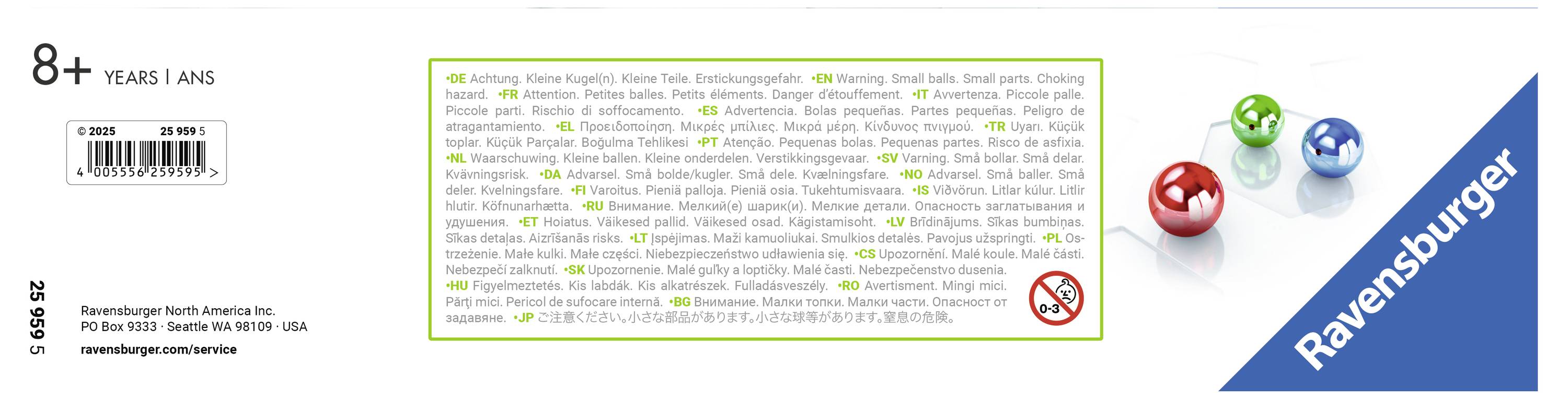 Tył opakowania gry Ravensburger, przeznaczonej dla dzieci od 8 lat. Zawiera różne ostrzeżenia oraz logo Ravensburger.