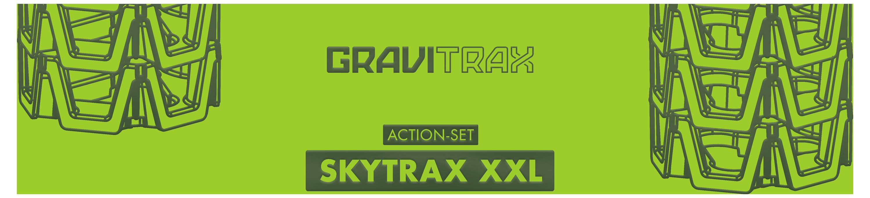 Zestaw Gravitrax Action-Set 'Skytrax XXL' na zielonym tle z wystylizowanymi modelami tras.