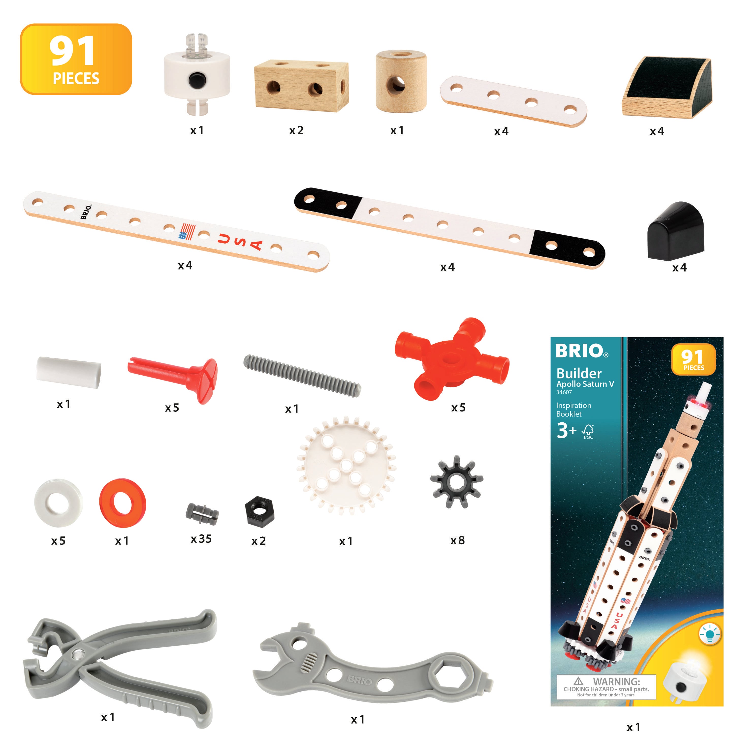 Zestaw do budowy modeli składający się z 91 elementów; zawiera śruby, nakrętki, koła zębate i narzędzia. Przeznaczony dla dzieci od 3 lat.