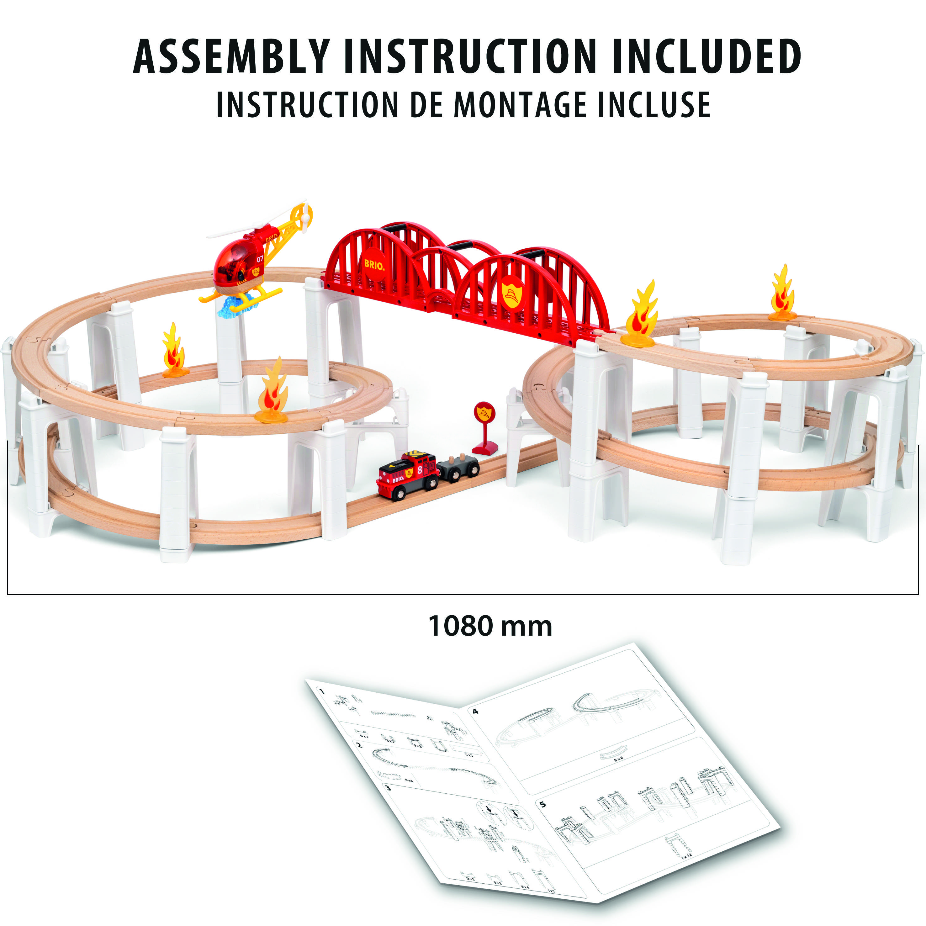 Drewniany zestaw kolejowy z helikopterem, pociągiem, torami, mostem i nadrukowanym ogniem. Instrukcja w zestawie. Wymiary: 1080 mm.
