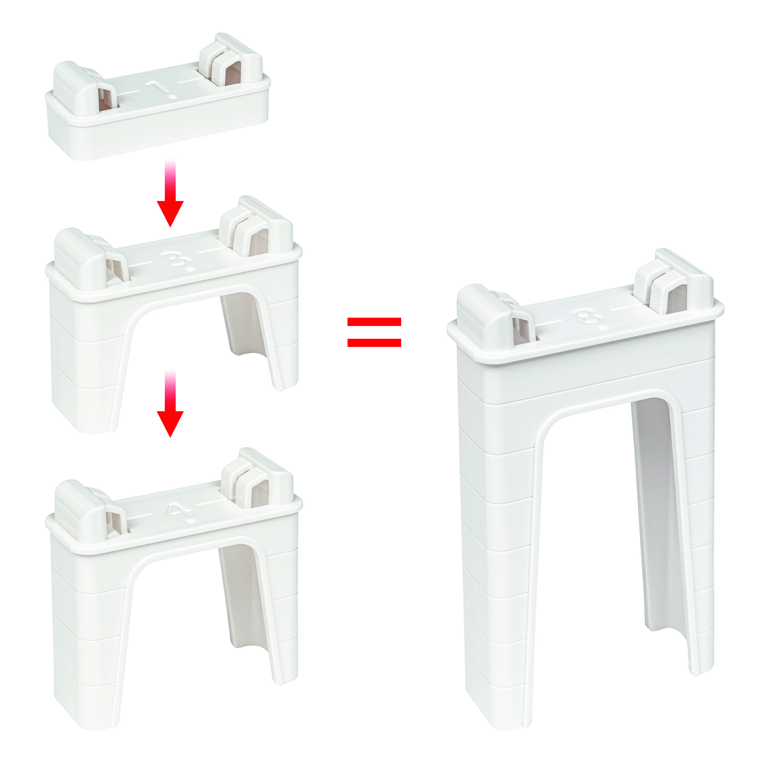 Rysunek przedstawia montaż krok po kroku nakładki złożonej z części, które tworzą wysoki riser.