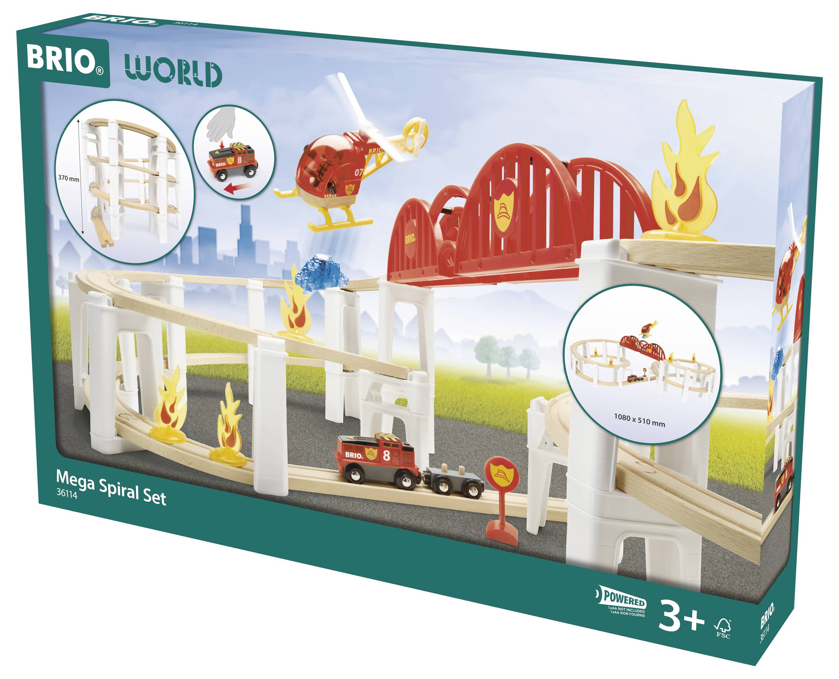 Zestaw zabawek składający się z drewnianej kolejki z czerwonymi mostami, helikoptera, wozu strażackiego i płomieni. Odpowiedni dla dzieci od 3 lat.