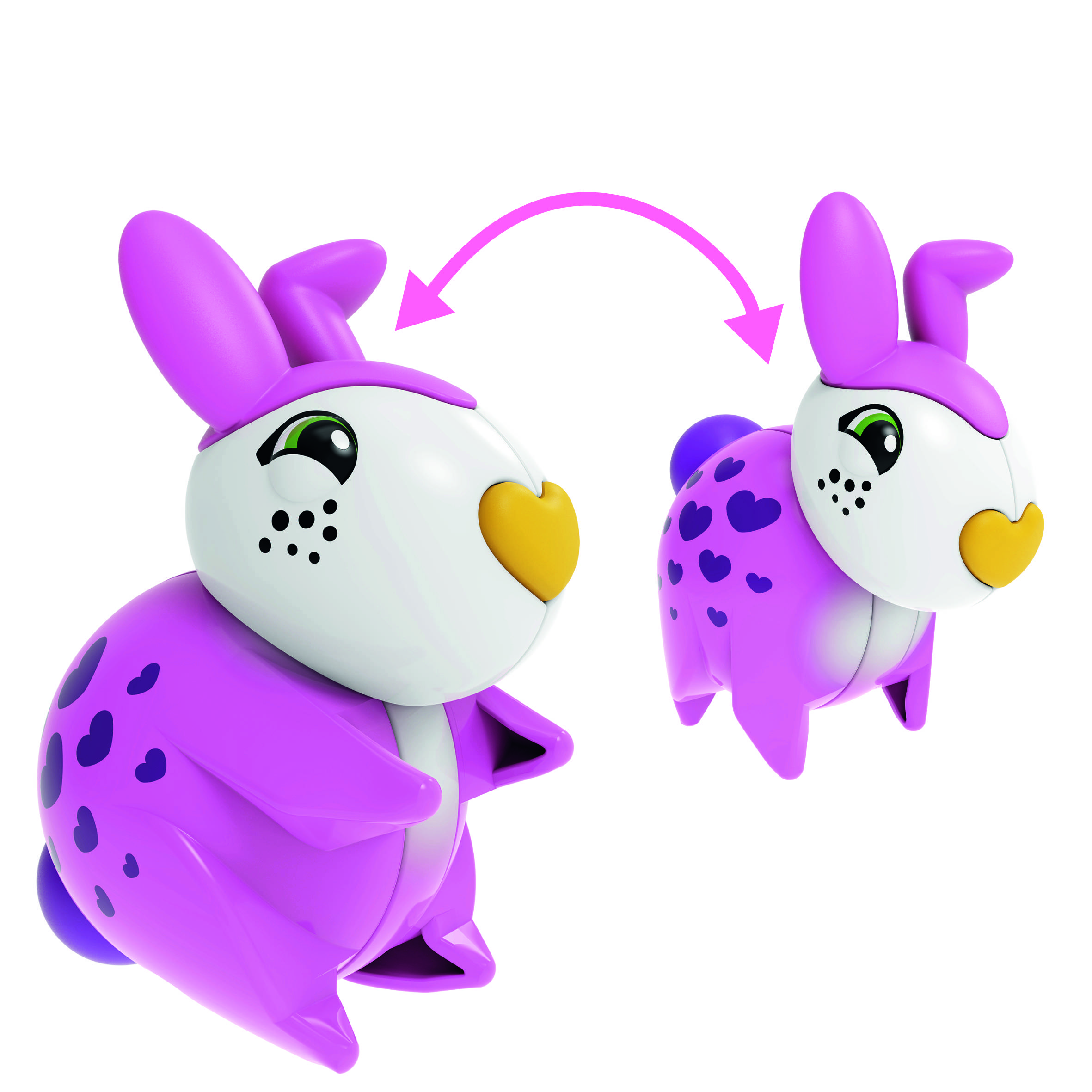 Dwa fioletowe, puszyste pluszowe zajączki z żółtymi serduszkami na pyszczku; jeden zajączek stoi, a drugi zwija się w kłębek.