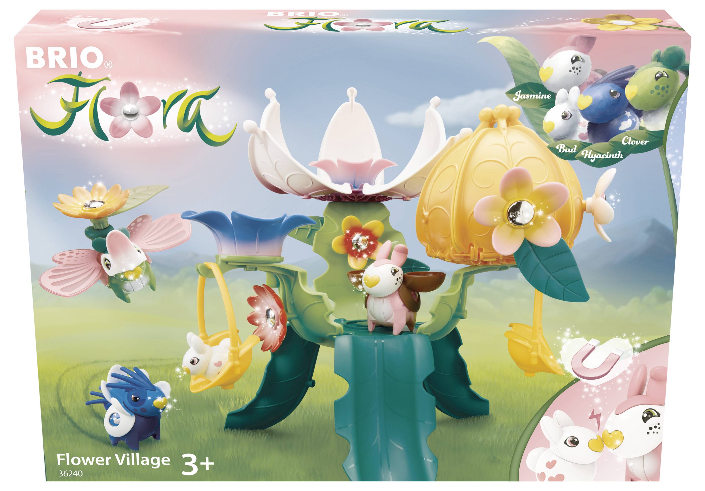 Zestaw wiejski BRIO Kwiatowa Wioska. Przedstawia struktury kwiatowe z figurkami zwierząt. Zalecany dla dzieci od 3 lat. Zawiera figurki Jaśminy, Bazylki i Koniczyny.