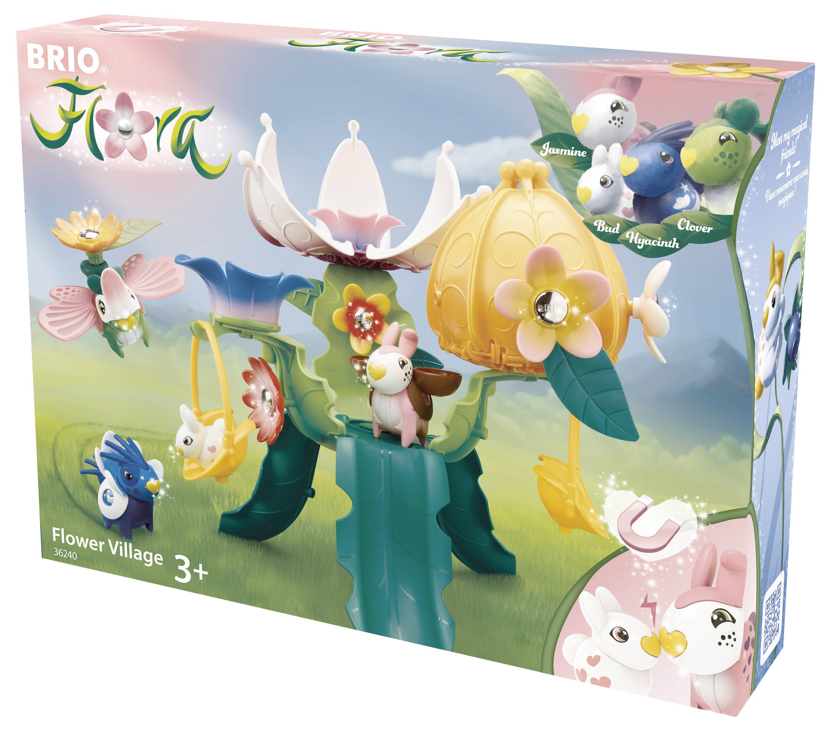 Zestaw zabawek 'Brio Flora Flower Village', przedstawiający fantazyjną wioskę kwiatową z figurkami w kształcie kwiatów, przeznaczony dla dzieci od 3 lat.